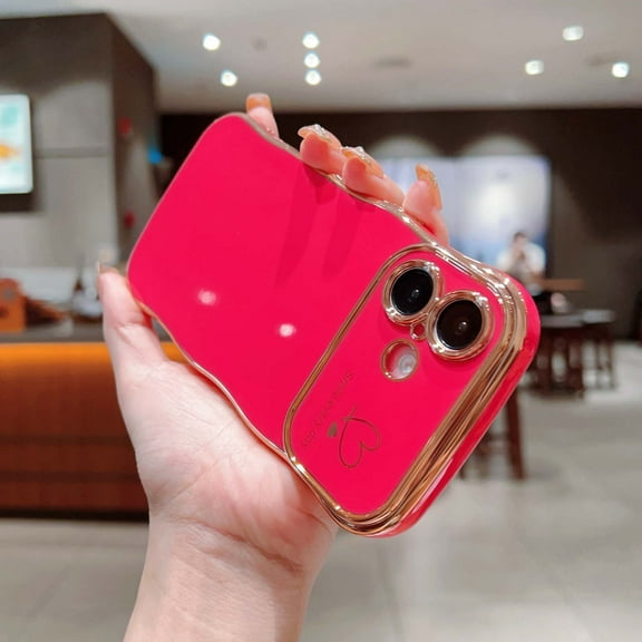 Designed For iPhone 16 Plus Phone Case,Cute Curly Wave Frame with Luxury Plating Love Heart Pattern For Women Girls,Soft TPU Shockproof Raised Lens Protection Phone Case,Rose