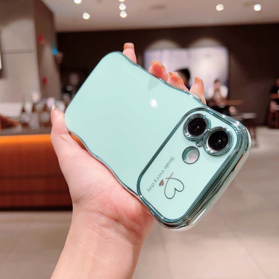 Designed For iPhone 16 Plus Phone Case,Cute Curly Wave Frame with Luxury Plating Love Heart Pattern For Women Girls,Soft TPU Shockproof Raised Lens Protection Phone Case,Green