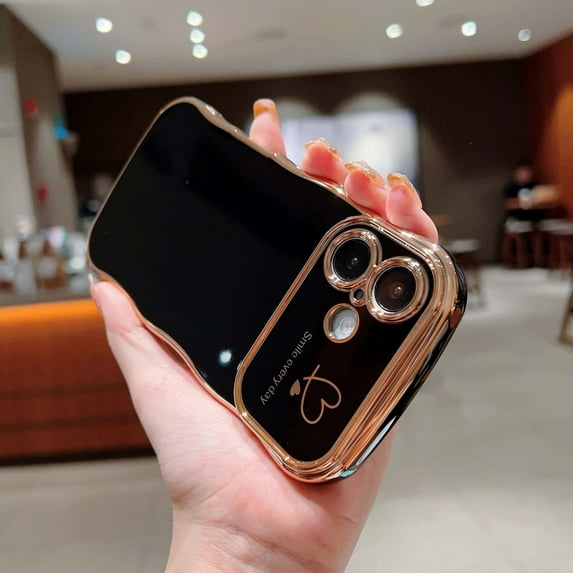 Designed For iPhone 16 Plus Phone Case,Cute Curly Wave Frame with Luxury Plating Love Heart Pattern For Women Girls,Soft TPU Shockproof Raised Lens Protection Phone Case,Black