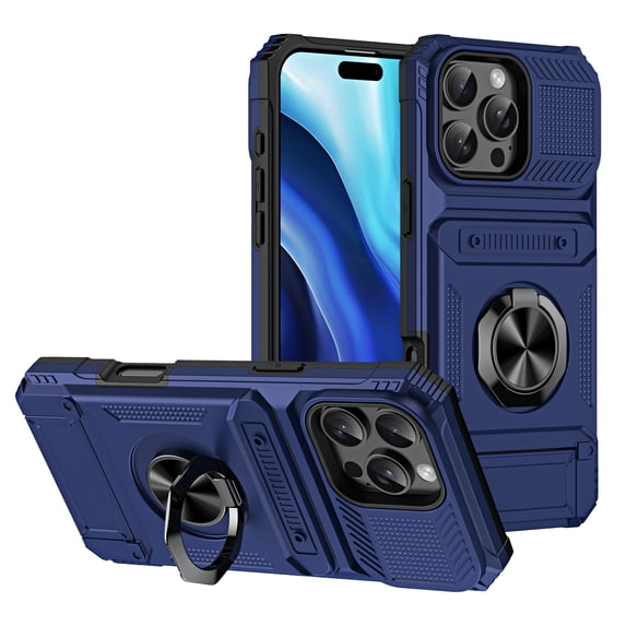 Designed for iPhone 16 Pro Card Holder Case with 360°Rotatable Ring Holder Kickstand,2-Layer Heavy Duty Magnetic Car Mount Shockproof Rugged Hybrid Hard PC Soft Rubber Case For iPhone 16 Pro,Blue