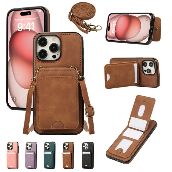 Designed for iPhone 16 Pro Case with Card Holder Crossbody Lanyard Strap PU Leather RFID Blocking Wallet Case with Back Magnetic Clasp Flip Kickstand Heavy Duty Protective Cover,Brown