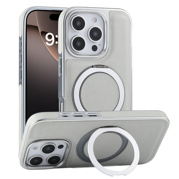 Designed for iPhone 16 Pro Case Compatible with Mag-Safe Kickstand PU Leather Slim Classic Luxury Elegant Slim Plating Protective Cover with Rotated Ring Stand for iPhone 16 Pro, Gray