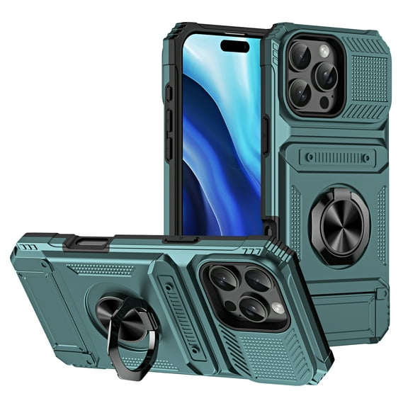 Designed for iPhone 16 Pro Case Hidden with Card Holder & 360 Ring Stand/Kickstand, Hard PC + Soft TPU [Drop Protection] Heavy Duty Rugged Protective Cover For iPhone 16 Pro, Green