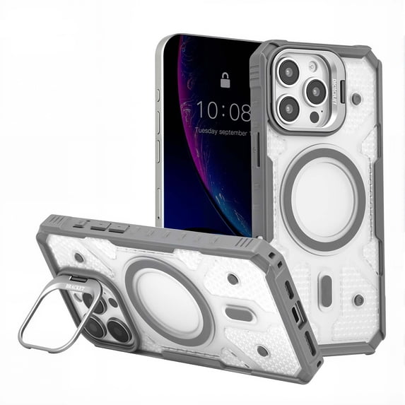 Designed for iPhone 16 Pro Case, Mag-Safe Compatible, Clear Slim Case with Built-in Camera Lens Stand, Anti-Yellowing, Durable Protection with Shockproof Corners for iPhone 16 Pro, Gray
