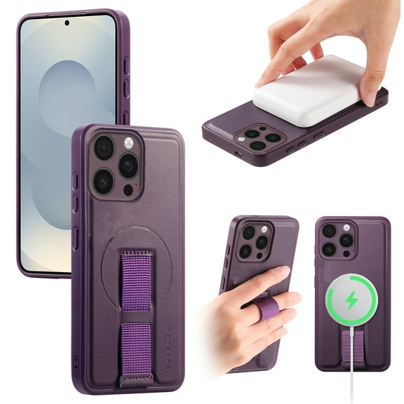 Designed for iPhone 16 Pro Case Magnetic, [Support Wireless Charging] Rugged Cover with Wristband Anti-Drop Finger Strap Heavy Duty Shockproof Phone Case for iPhone 16 Pro, Purple