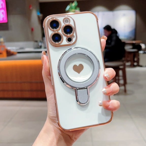 Designed for iPhone 16 Pro Case, Plating Frame Protective Ring Kickstand Holder Cute Side Heart Pattern Lightweight Shockproof Anti-Scratch Phone Case for Girls, White