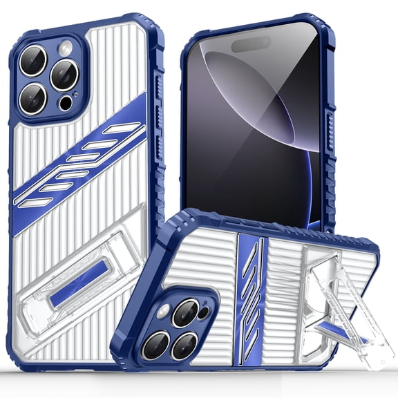 Designed for iPhone 16 Pro Case with Stand, Mil-Grade Drop Protection Adjustable Kickstand Ultra Slim Shockproof Hard PC Soft TPU Clear Portable Phone Case Cover for iPhone 16 Pro, Navyblue