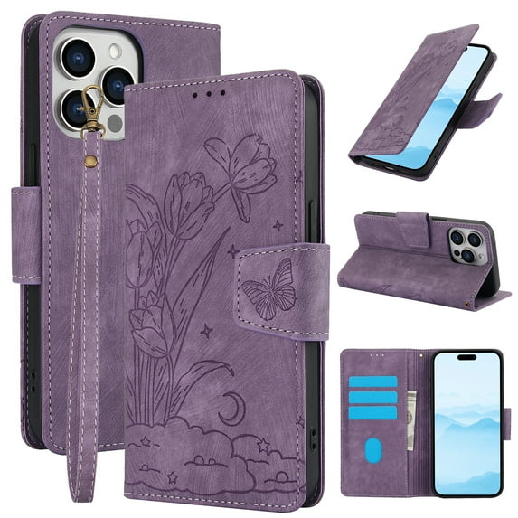 Designed for iPhone 16 Pro Case Wallet, Elegant Women Flip Folio Cover with Flower Embossed PU Leather Stand Credit Card Holders Slots Wrist Strap Phone Case for iPhone 16 Pro, Purple