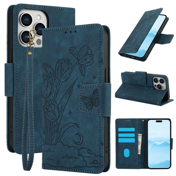 Designed for iPhone 16 Pro Case Wallet, Elegant Women Flip Folio Cover with Flower Embossed PU Leather Stand Credit Card Holders Slots Wrist Strap Phone Case for iPhone 16 Pro, Blue
