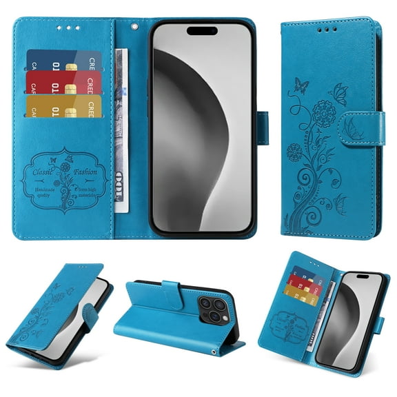 Designed for iPhone 16 Pro Case Wallet,Women Flip Folio Cover with Butterfly & Flower Embossed PU Leather Stand Credit Card Holders Slots Wrist Strap Shockproof Phone Case,Blue