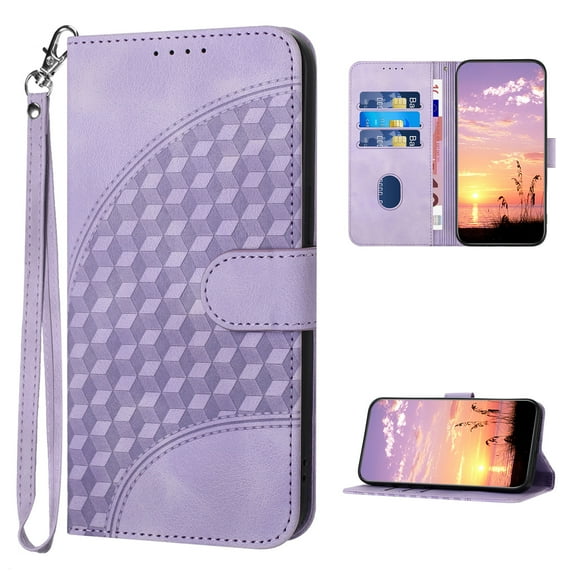 Designed for iPhone 16 Pro Case Wallet, Women Flip Folio Cover with Embossed PU Leather Stand Credit Card Holders Slots Wrist Strap Magnetic Closure Phone Case for iPhone 16 Pro, Purple