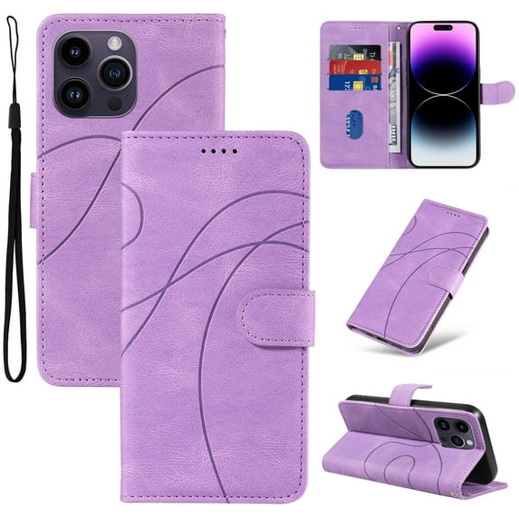 Designed for iPhone 16 Pro Case Wallet for Women, Flip Folio Cover with PU Leather Kickstand Credit Card Holder Slots Magnetic Wrist Strap Protective Phone Case for iPhone 16 Pro, Purple