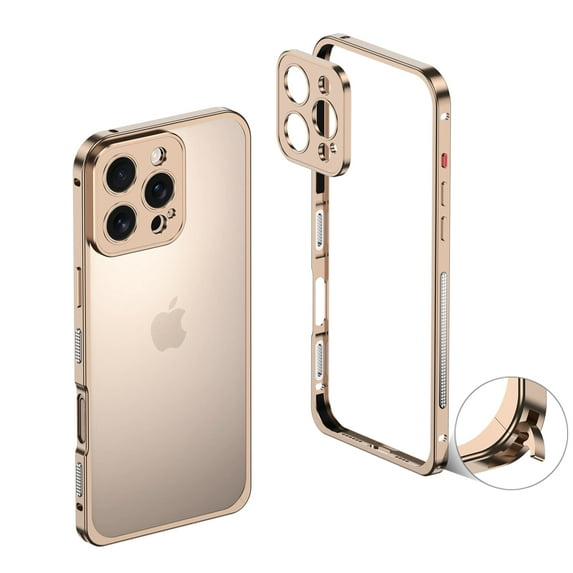 Designed for iPhone 16 Pro Frame Metal Bumper Frame Slim Hard Phone Case,With Lens Protector,Raised Edge Protection,No Back Heat Dissipation Design,Shockproof Phone Case,Gold