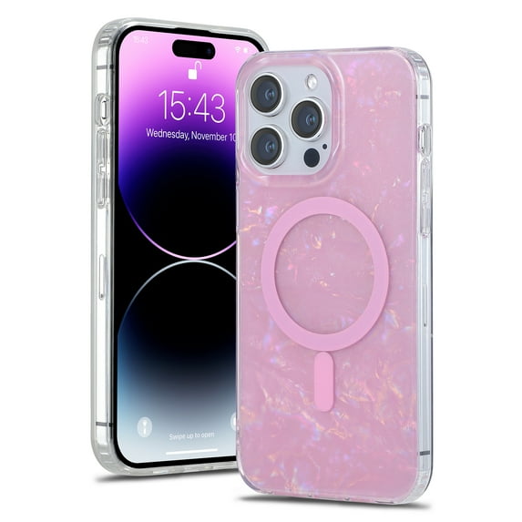 Designed for iPhone 16 Pro Magnetic Case Compatible with MagSafe for Women Girls Slim Lightweight Sparkle Glitter Shell Pattern Shockproof Protective Phone Case for iPhone 16 Pro, Pink