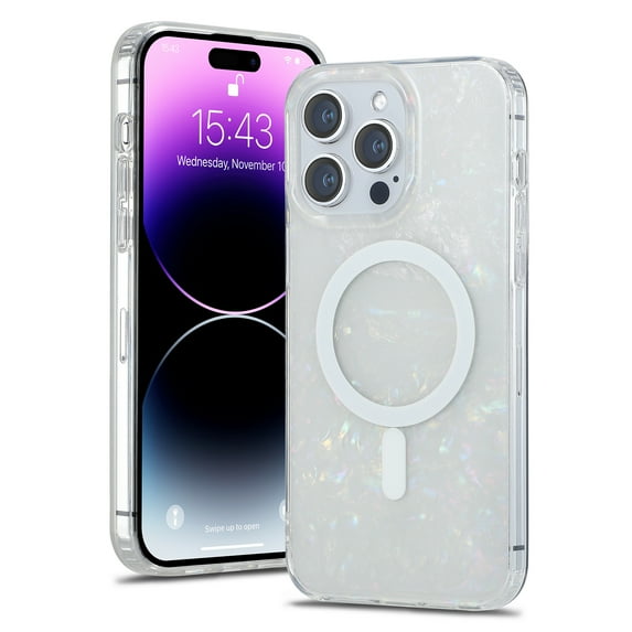 Designed for iPhone 16 Pro Magnetic Case Compatible with MagSafe for Women Girls Slim Lightweight Sparkle Glitter Shell Pattern Shockproof Protective Phone Case for iPhone 16 Pro, White