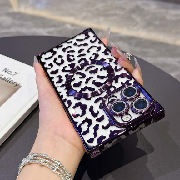 Designed for iPhone 16 Pro Magnetic Phone Case,Luxury Leopard Cheetah Pattern Plating Frame Design,Built-in Lens Film,Compatible with Mag-Safe,Shockproof Transparent Phone Case,Darkpurple