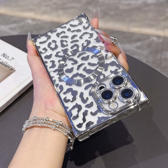 Designed for iPhone 16 Pro Magnetic Phone Case,Luxury Leopard Cheetah Pattern Plating Frame Design,Built-in Lens Film,Compatible with Mag-Safe,Shockproof Transparent Phone Case,Silver