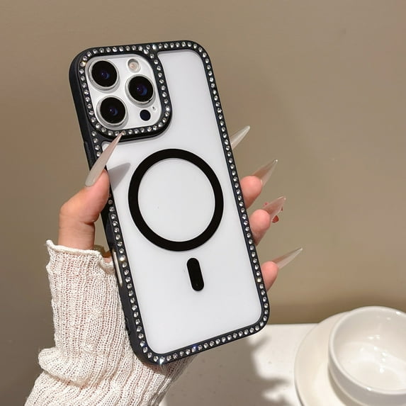 Designed For iPhone 16 Pro Magnetic Phone Case,Transparent Back,Compatible with Mag-safe,Exquisite Diamond Frame Design,Shockproof Ultra Slim Non-Slip Rugged Phone Case Cover,Black