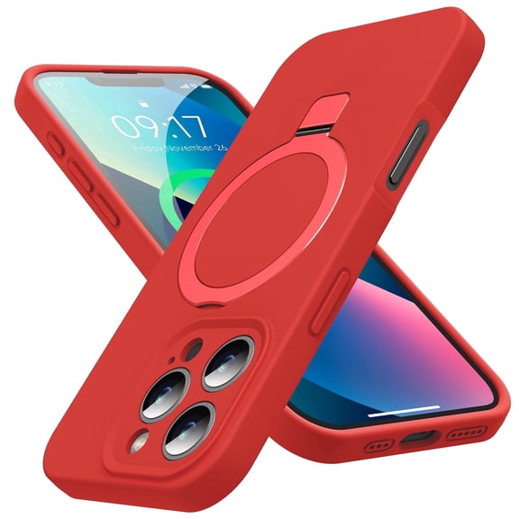 JETeacka Designed for iPhone 16 Pro Max Case with Magnetic Invisible Stand, [Compatible with Mag-Safe]Liquid Silicone Shockproof Cover with Anti-Scratch Microfiber Lining, Red