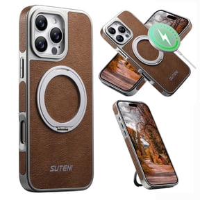 Designed for iPhone 16 Pro Max Case with Magnetic Ring Stand & Secure Ring Grip, Slim PU Leather Hybrid Metal Phone Cover Compatible with Mag-Safe, Military Grade Protection with Stand Ring, Khaki