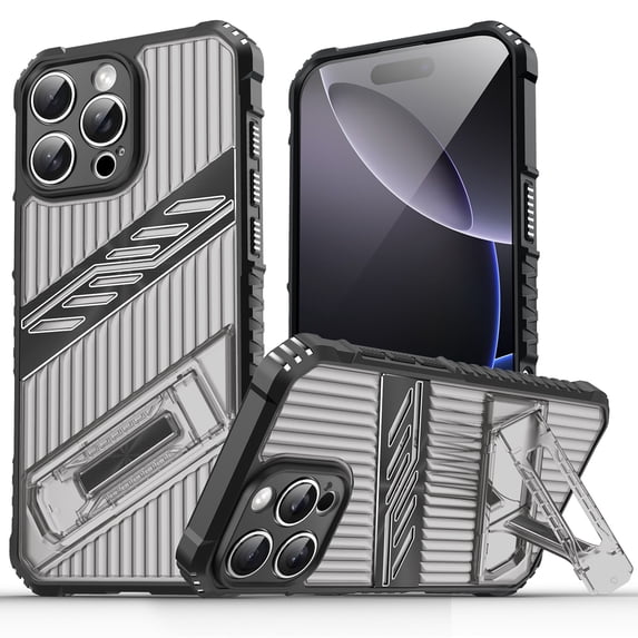 Designed for iPhone 16 Pro Max Case with Stand, Mil-Grade Drop Protection Adjustable Kickstand Ultra Slim Shockproof Hard PC Soft TPU Clear Portable Phone Case Cover for iPhone 16 Pro Max, Grayblack
