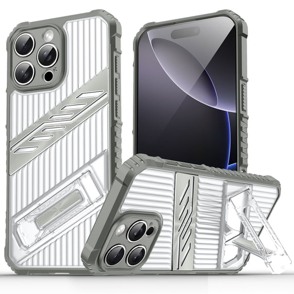 Designed for iPhone 16 Pro Max Case with Stand, Mil-Grade Drop Protection Adjustable Kickstand Ultra Slim Shockproof Hard PC Soft TPU Clear Portable Phone Case Cover for iPhone 16 Pro Max, Gray