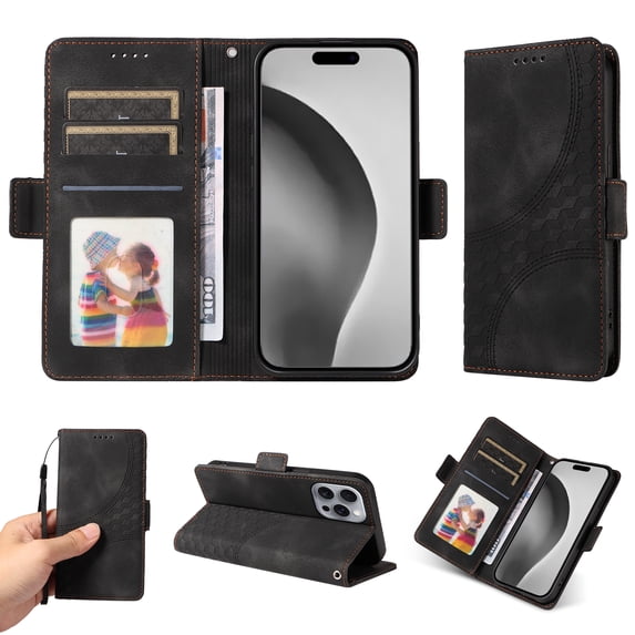 Designed for iPhone 16 Pro Max Case Wallet, Flip Folio Cover with Embossed PU Leather Stand Credit Card Holders Slots Wrist Strap Full Body Protection Phone Case for iPhone 16 Pro Max - Black