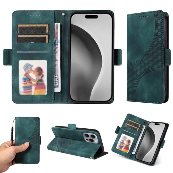 Designed for iPhone 16 Pro Max Case Wallet, Flip Folio Cover with Embossed PU Leather Stand Credit Card Holders Slots Wrist Strap Full Body Protection Phone Case for iPhone 16 Pro Max - Green