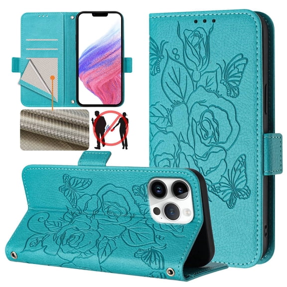 Designed For iPhone 16 Pro Max Flip Phone Case,Embossed Butterfly&Rose Designing,PU Leather Flip Folding Kickstand,Card Slots,With Shoulder Strap&Wrist Strap,Shockproof Wallet Case,Blue