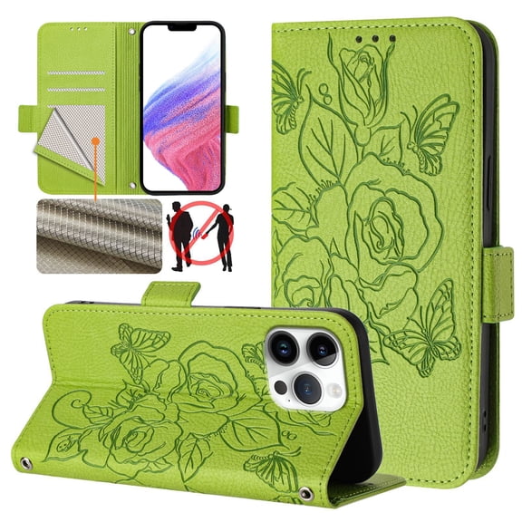 Designed For iPhone 16 Pro Max Flip Phone Case,Embossed Butterfly&Rose Designing,PU Leather Flip Folding Kickstand,Card Slots,With Shoulder Strap&Wrist Strap,Shockproof Wallet Case,Green