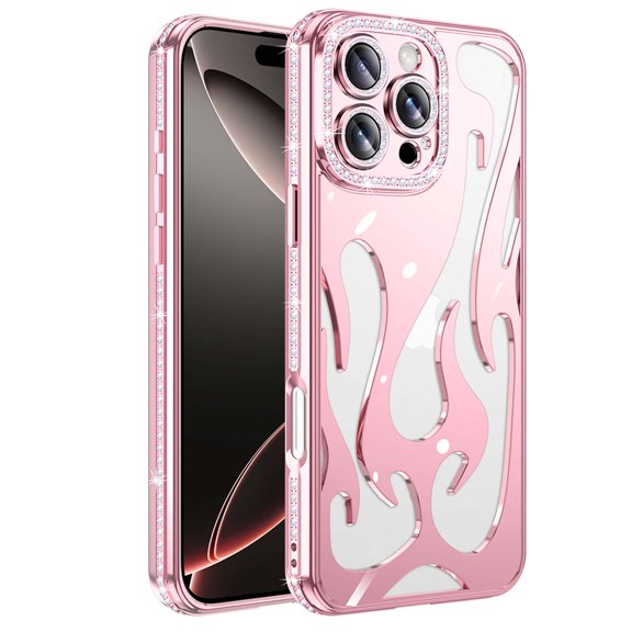 Designed for iPhone 16 Pro Max Heat Dissipation Phone Case,Unique Luxury Bling Diamond Bumper Frame&Lens Ring,Electroplate Glossy Flame Shape Hollow Shockproof Rugged Slim Phone Case,Rosegold