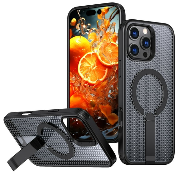 Designed For iPhone 16 Pro Max Magnetic Phone Case,3D Hollow Mesh Heat Dissipation Design,With Contractile Kickstand,Compatible with Magsafe,Breathable Cooling Shockproof Phone Case,Black