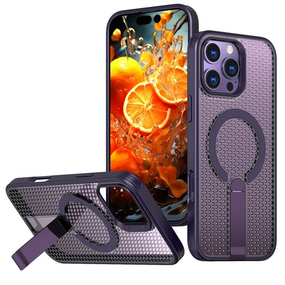Designed For iPhone 16 Pro Max Magnetic Phone Case,3D Hollow Mesh Heat Dissipation Design,With Contractile Kickstand,Compatible with Magsafe,Breathable Cooling Shockproof Phone Case,Purple