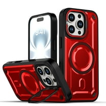 Designed for iPhone 16 Pro Max Magnetic Phone Case,Built-in Retractable Lens Ring Kickstand,Compatible with Mag-safe,Drop Protection,Shockproof Heavy Duty Rugged Slim Phone Case,Red