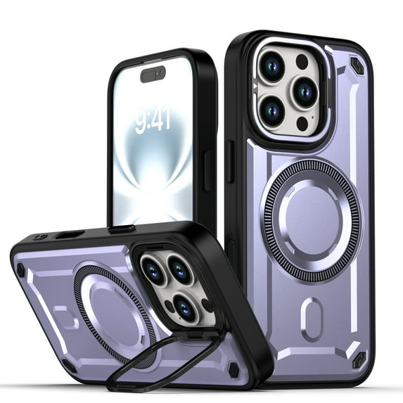 Designed for iPhone 16 Pro Max Magnetic Phone Case,Built-in Retractable Lens Ring Kickstand,Compatible with Mag-safe,Drop Protection,Shockproof Heavy Duty Rugged Slim Phone Case,Purple
