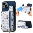 thumbnail image 1 of Designed for iPhone 16 Pro Max, PU Leather Floral Pattern Card Slots Back Case, Zipper Storage Design Kickstand RFID Blocking Material Built-in Magnetic Car Mount Function Phone Cover, Blue, 1 of 9