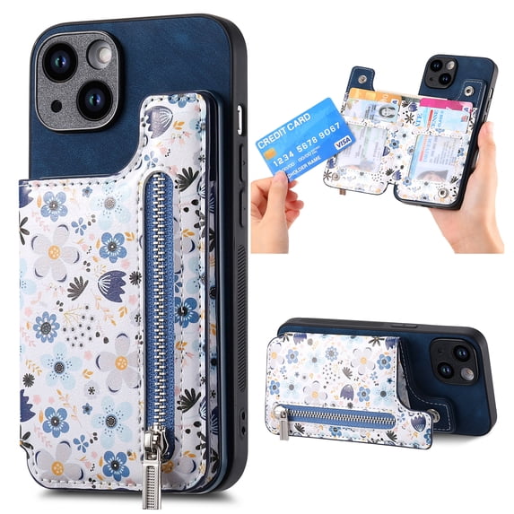 Designed for iPhone 16 Pro Max, PU Leather Floral Pattern Card Slots Back Case, Zipper Storage Design Kickstand RFID Blocking Material Built-in Magnetic Car Mount Function Phone Cover, Blue