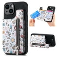 thumbnail image 1 of Designed for iPhone 16 Pro Max, PU Leather Floral Pattern Card Slots Back Case, Zipper Storage Design Kickstand RFID Blocking Material Built-in Magnetic Car Mount Function Phone Cover, Black, 1 of 9