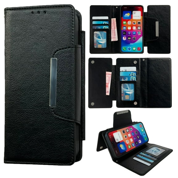 Designed for iPhone 16 Pro Max Wallet Phone Case,Detachable Magnetic Flip Design,With Card Slots,Flip Folding Kickstand,PU Leather Shockproof Anti-fall Rugged Phone Case Cover,Black