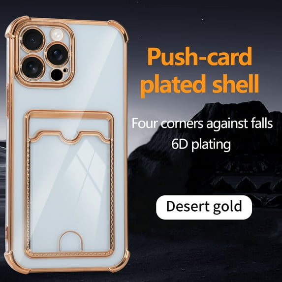 Designed for iPhone 16 Pro Max Wallet Phone Case,Luxury Electroplated Bumper Design,With Card Slots,Shockproof Anti-Scratch Protective,Thin Slim Transparent Anti-fall Phone Case,Gold