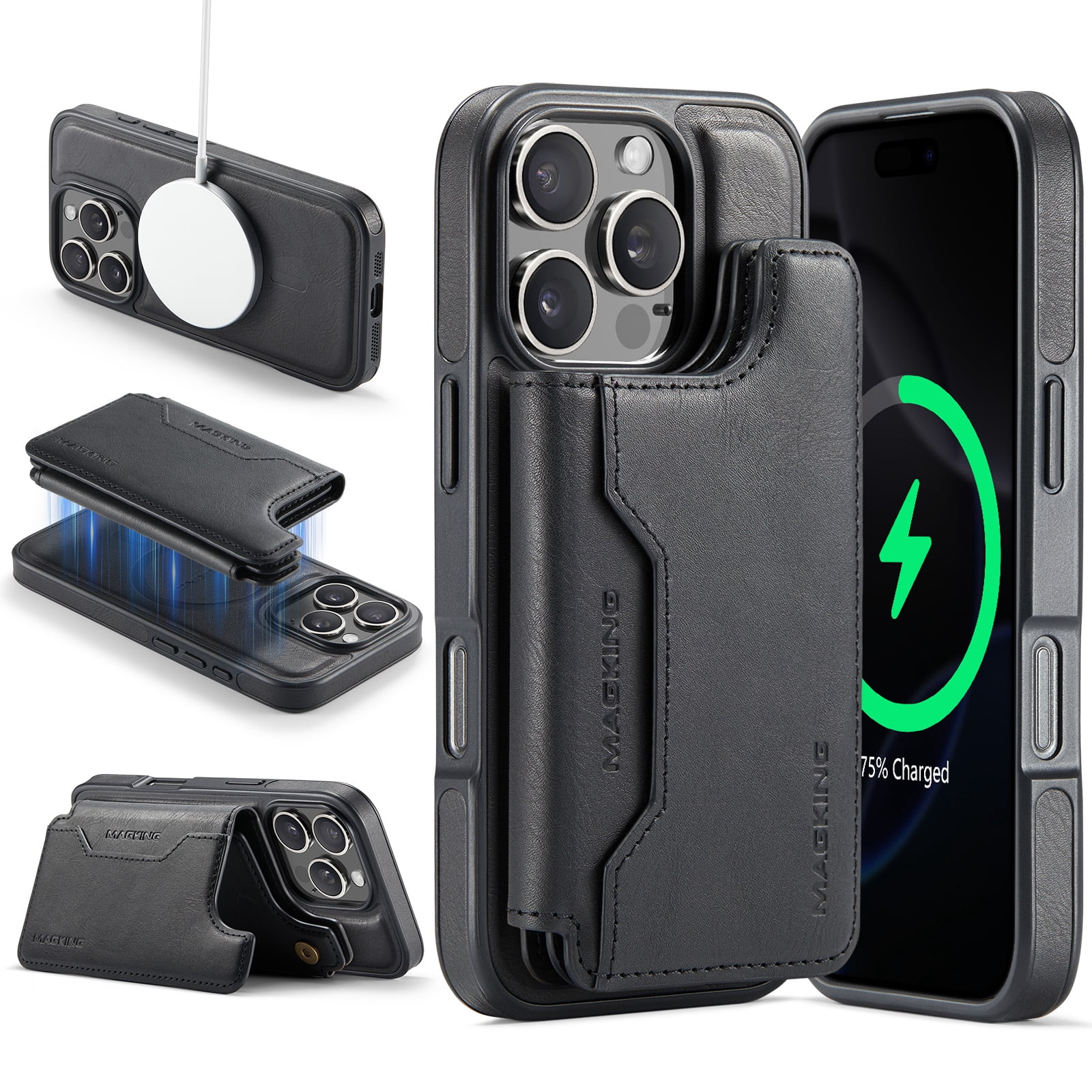 Designed for iPhone 16 Pro Max Wallet Phone Case,Magnetic Detachable Flip Card Holder,Back Flip Kickstand,Compatible with Mag-Safe,2-in-1 PU Leather Heavy Duty Shockproof Phone Case,Black