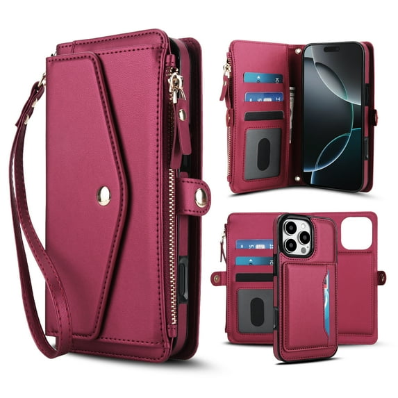 Designed for iPhone 16 Pro Multi-Function Wallet Phone Case,With Shoulder Strap&Wrist Strap,Cash Pocket&Card Slots,Zipper Purse,Magnetic Detachable PU Leather Flip Phone Case,Red
