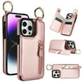 thumbnail image 1 of Designed for iPhone 16 Pro PU Leather Back Case, Vintage Kickstand Card Slots Finger Ring Zipper Drop Protective Business Phone Cover Compatible with iPhone 16 Pro - Rosegold, 1 of 9