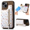 thumbnail image 1 of Designed for iPhone 16 Pro, PU Leather Floral Pattern Card Slots Back Case, Zipper Storage Design Kickstand RFID Blocking Material Built-in Magnetic Car Mount Function Phone Cover, Brown, 1 of 9