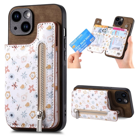Designed for iPhone 16 Pro, PU Leather Floral Pattern Card Slots Back Case, Zipper Storage Design Kickstand RFID Blocking Material Built-in Magnetic Car Mount Function Phone Cover, Brown