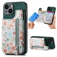 thumbnail image 1 of Designed for iPhone 16 Pro, PU Leather Floral Pattern Card Slots Back Case, Zipper Storage Design Kickstand RFID Blocking Material Built-in Magnetic Car Mount Function Phone Cover, Green, 1 of 9