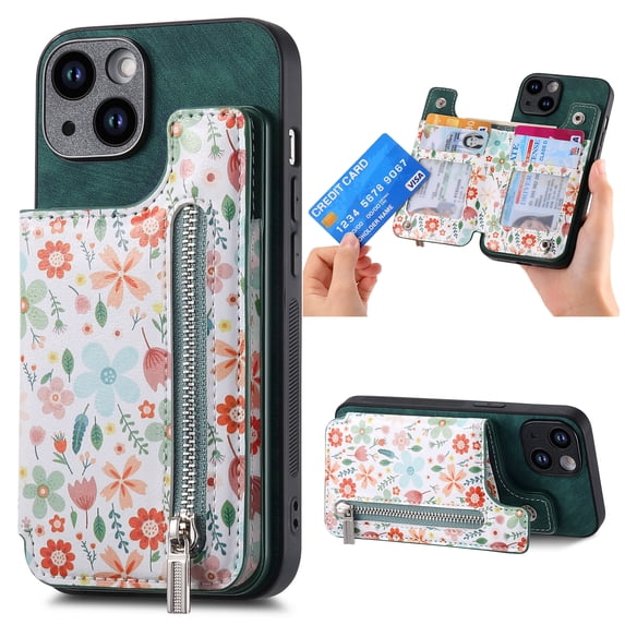 Designed for iPhone 16 Pro, PU Leather Floral Pattern Card Slots Back Case, Zipper Storage Design Kickstand RFID Blocking Material Built-in Magnetic Car Mount Function Phone Cover, Green