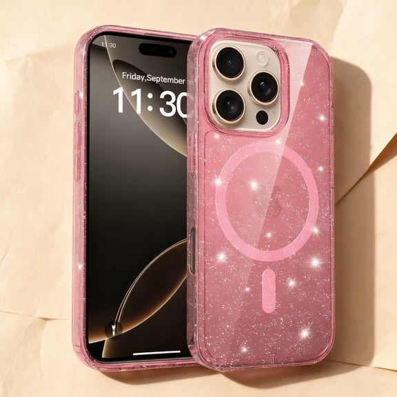 Designed For iPhone 16 Pro Phone Case,Crystal Glitter Bling Back,Compatible with Mag-Safe,Shockproof Sparkly Cute Women Girl Cover,Ultra Slim Anti-fall Drop Protection,Durable Phone Case,Pink