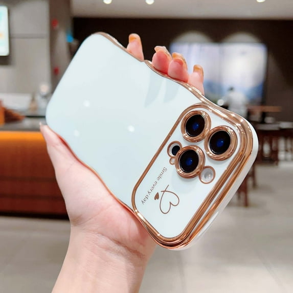 Designed For iPhone 16 Pro Phone Case,Cute Curly Wave Frame with Luxury Plating Love Heart Pattern For Women Girls,Soft TPU Shockproof Raised Lens Protection Phone Case,White