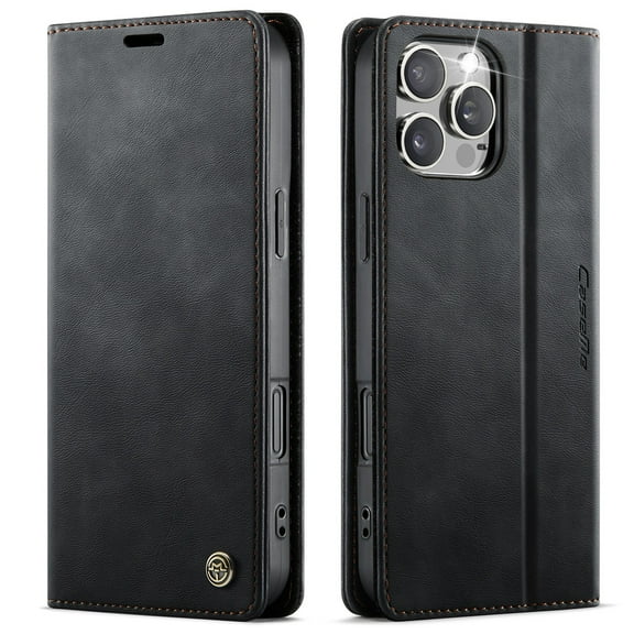 Designed for iPhone 16 Pro Wallet Case, Classic PU Leather Flip Cover with Kickstand, RFID Blocking Card Slots, Magnetic Clasp, Full Body Protective Shockproof Phone Case, Black